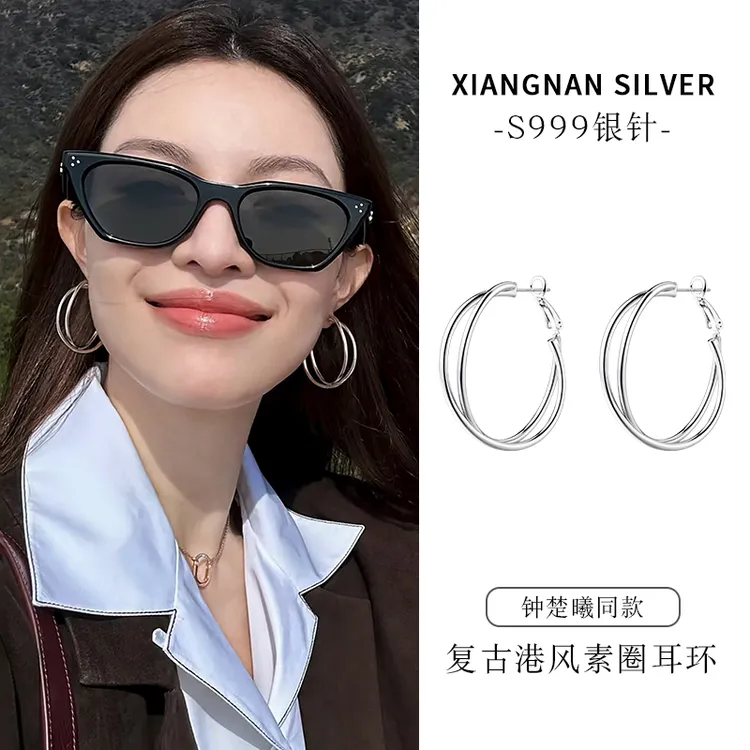 合金耳饰 999银针港风素圈耳环时尚个性气质耳圈小众设计感耳扣女