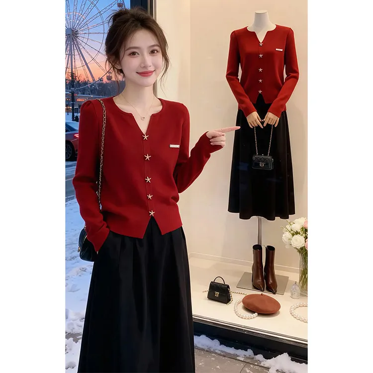 兹伊翰【红色流年】纯色显瘦内搭打底衫2026秋冬新款气质V领针织衫