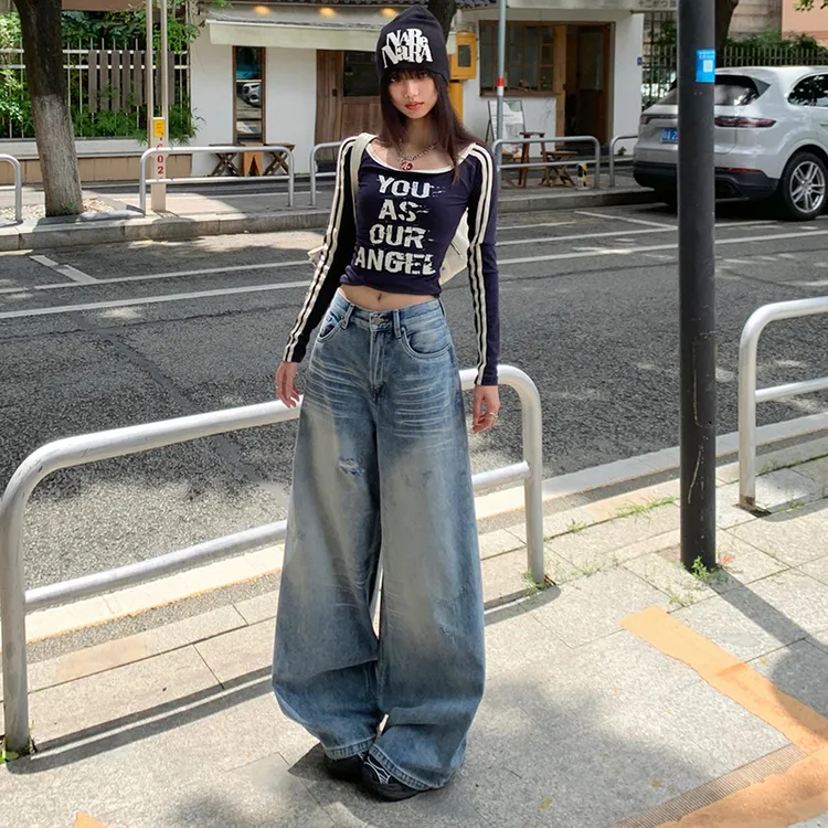 早秋新款&四季款美式水洗猫须牛仔裤女宽松显瘦直筒阔腿裤