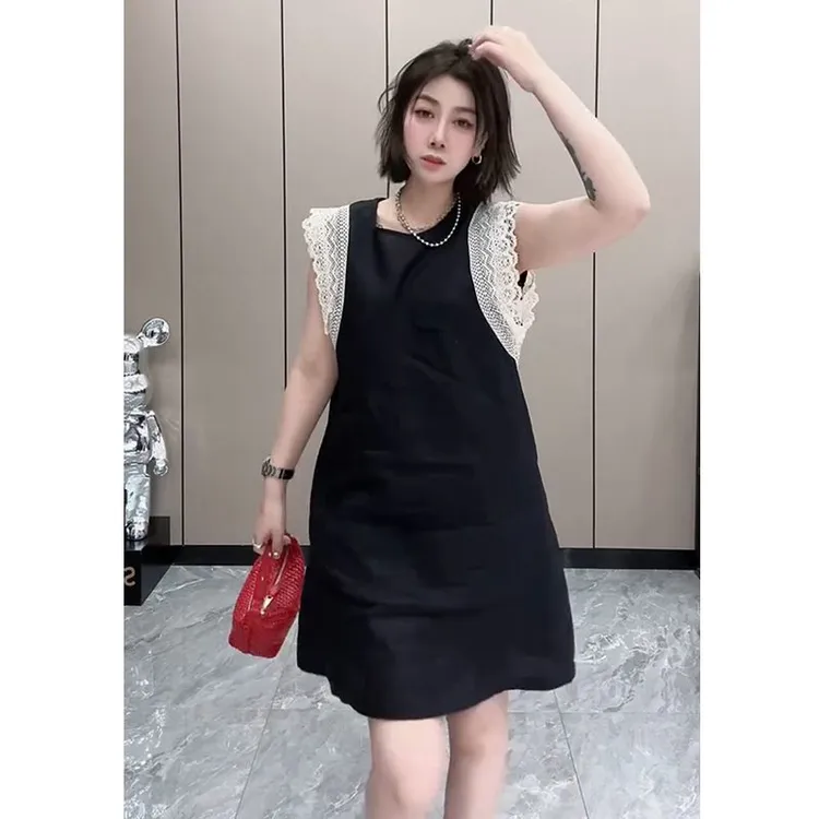 法式拼接蕾丝圆领亚麻连衣裙潮2025夏季新款洋气显瘦休闲无袖短裙