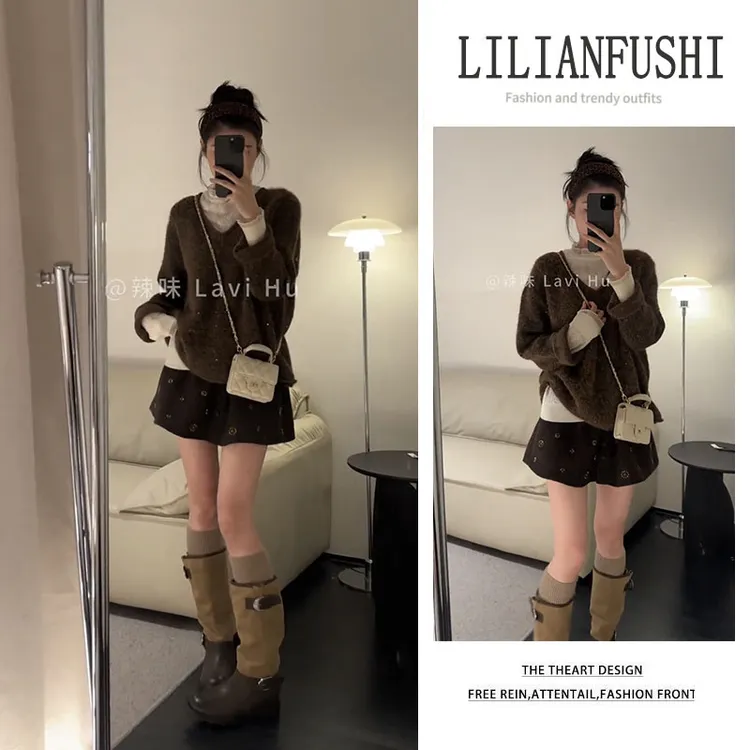 韩系穿搭2025秋冬新款宽松长袖针织衫百搭打底衫显瘦短裙三件套女