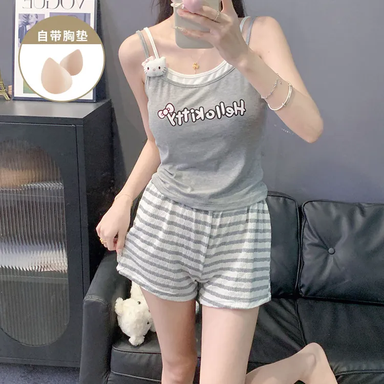 韩版可爱女士带胸垫吊带睡衣女夏季爆款莫代尔外穿家居服两件套装