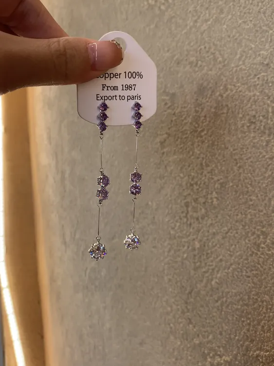 合金锆石耳饰 超闪紫色锆石流苏耳钉轻奢高级感耳环长款森系耳饰