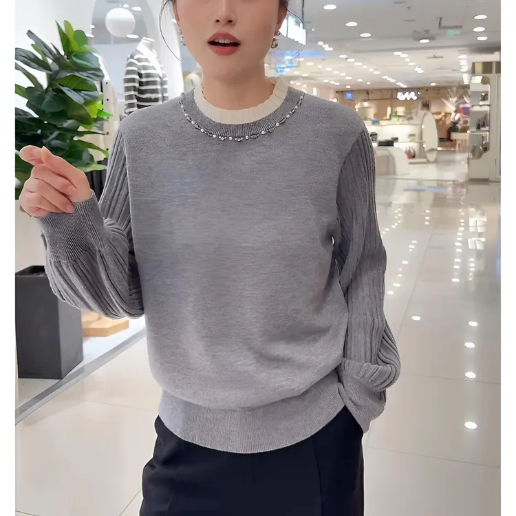 秋季新款百搭显瘦套头圆领小衫时尚假两件设计感长袖针织衫上衣女