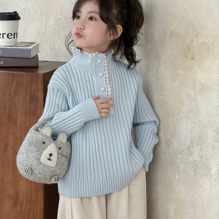 女童毛衣加厚一体绒冬装洋气中大童针织打底衫女孩毛线衣