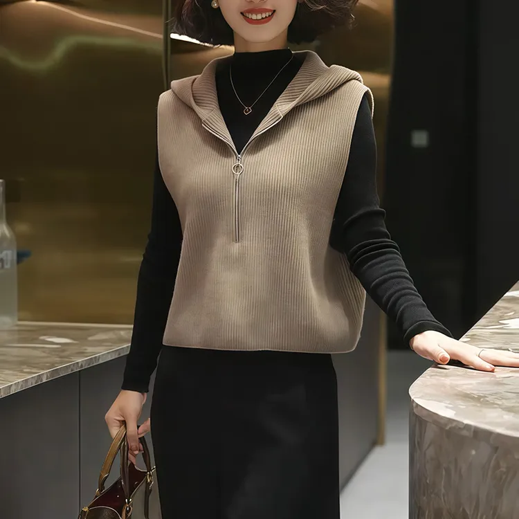 连帽休闲复古无袖毛衣半拉链针织马甲女针织马夹坎肩宽松保暖马甲