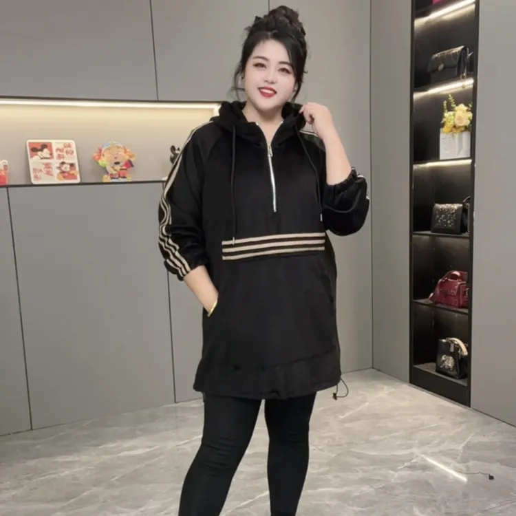 秋冬新款特大码宽松休闲洋气显瘦中长连帽卫衣保暖女遮肉3003