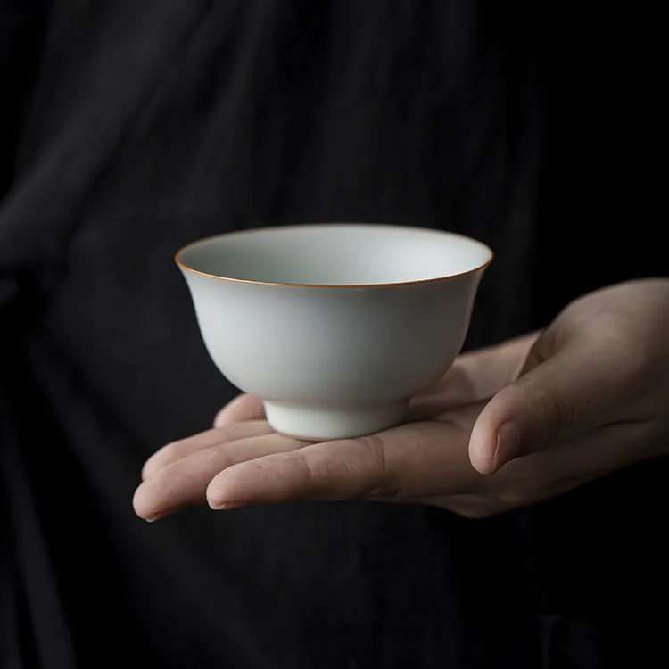 汝窑压手杯85ml家用陶瓷品茗杯单杯功夫茶具原矿可养开片汝瓷