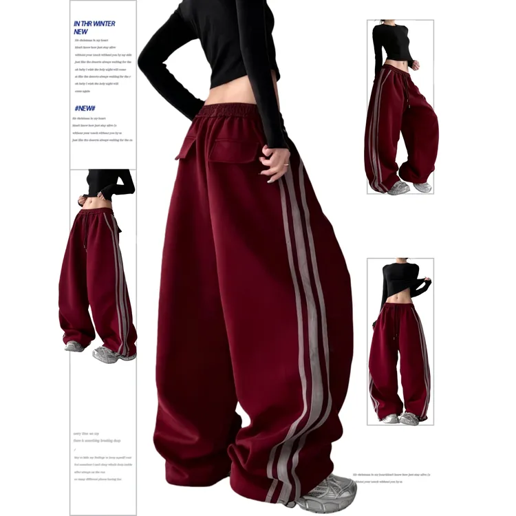 冬厚款加绒新款美式工装裤女圣诞红运动裤舞蹈裤街头阔腿休闲裤子