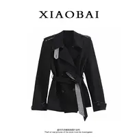 XIAOBAI 黑色翻领风衣外套秋季时尚设计感收腰痞帅炸街女士短外套