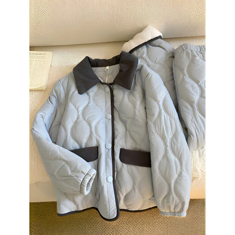 韩版休闲撞色菱格夹棉睡衣女2025冬季新款保暖加绒加厚家居服套装