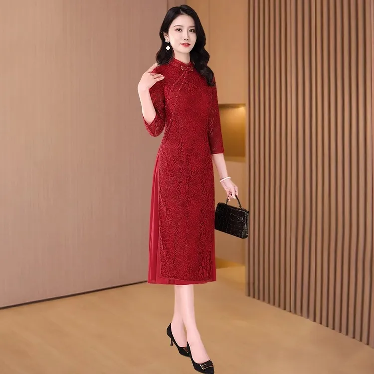 喜妈妈婚宴装连衣裙女春秋洋气高级感爆款礼服国风新中式斜襟旗袍