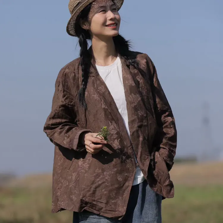 慢慢变蓝—荼TU-W33830-1双层中式提花微斜襟西装开衫-
