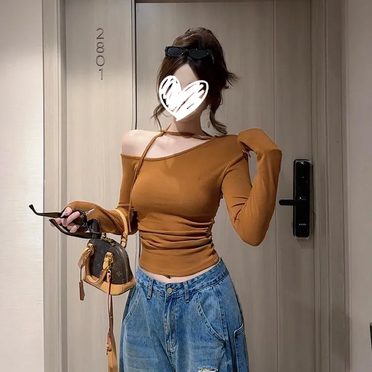 2025早秋新款韩版纯欲风斜肩系带打底衫打底衫女款爆款2025新款