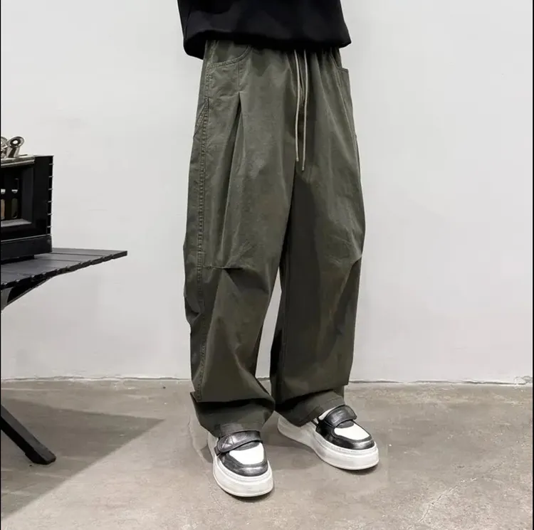 秋冬加绒加厚宽松水洗直筒港风高街美式工装弯刀裁剪男士休闲裤