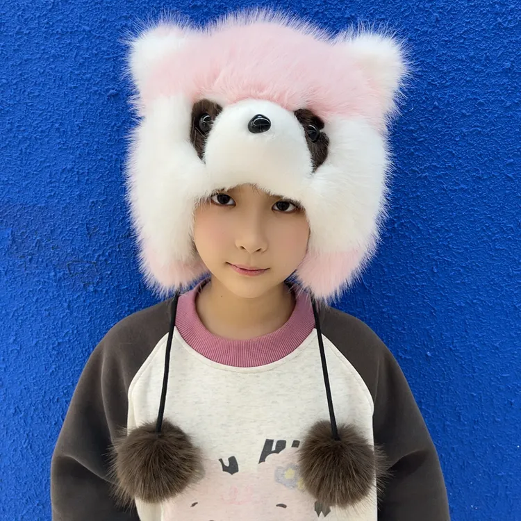 儿童新款熊猫毛绒浣熊保暖帽子加厚狐狸亲子可爱护耳卡通冬季雷锋