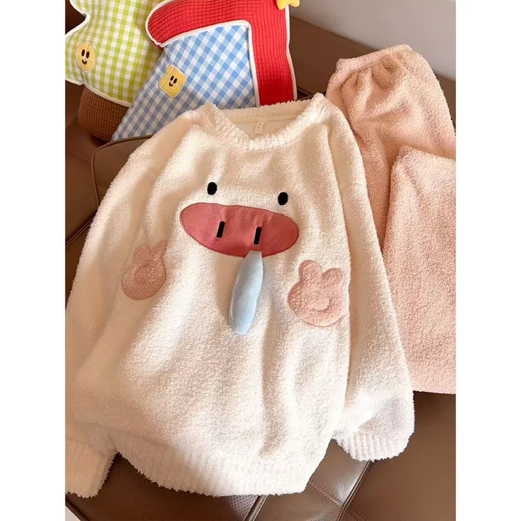 日系ins鼻涕猪卡通珊瑚绒睡衣女秋冬季加厚长袖可外穿保暖家居服
