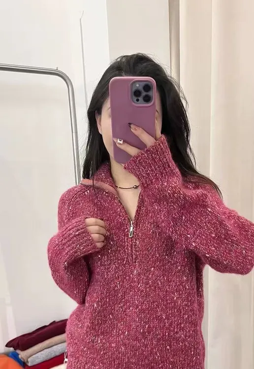 张金家百搭气质秋冬休闲中长大板拉链羊毛衫