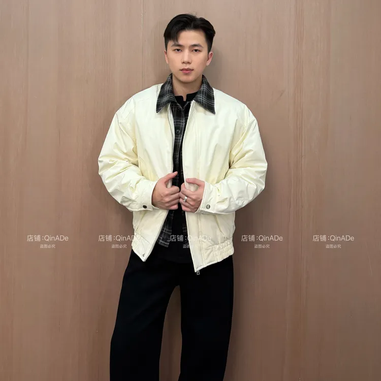 QinADe冬季巴恩风拼接格纹翻领棉服外套棉衣男士美式休闲保暖大衣