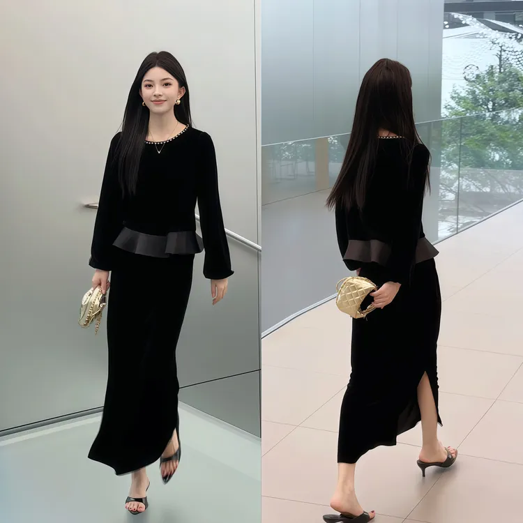 2025秋装新款时尚百搭两件套高级显瘦丝绒连衣裙套装女知性风衣服