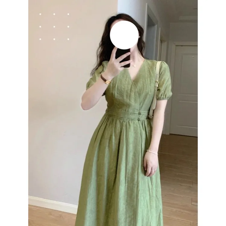 2025夏季新款大码女装微胖妹妹新中式别致长裙绿色胖mm显瘦连衣裙