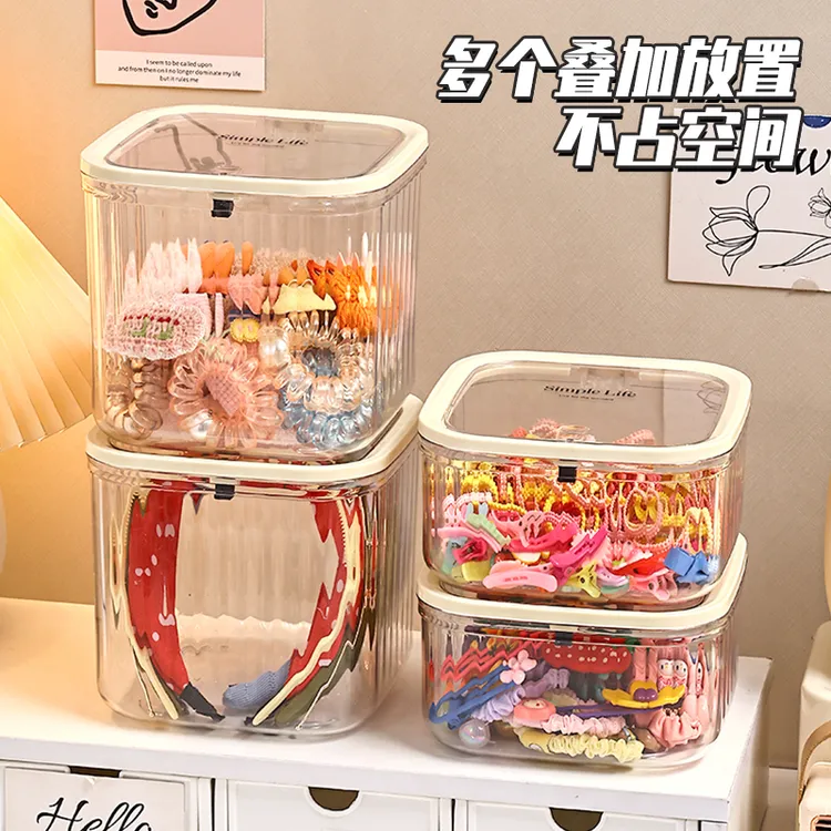 家用客厅按压式学生小杂物桌面小收纳盒亚克力带盖透明防尘收纳盒