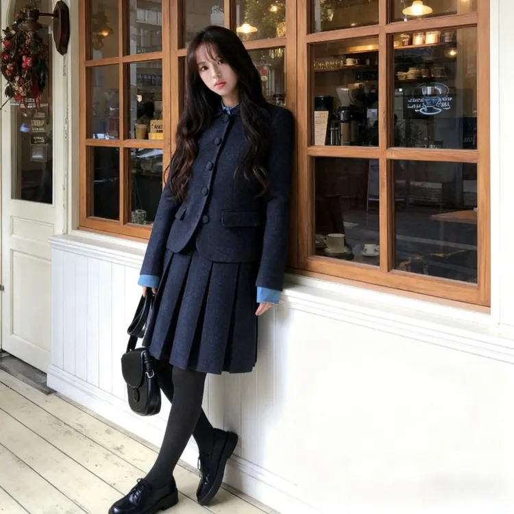 学院风灰色毛呢套装裙秋冬女装洋气时髦气质显瘦外套百褶裙两件套