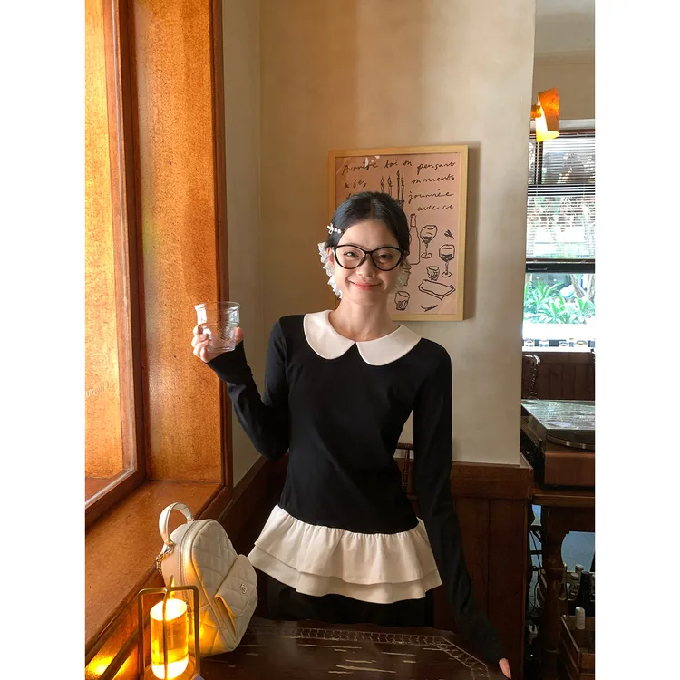 宋正恩11/3 10:00AM气质娃娃领拼接花边下摆荷叶边上衣AA26870