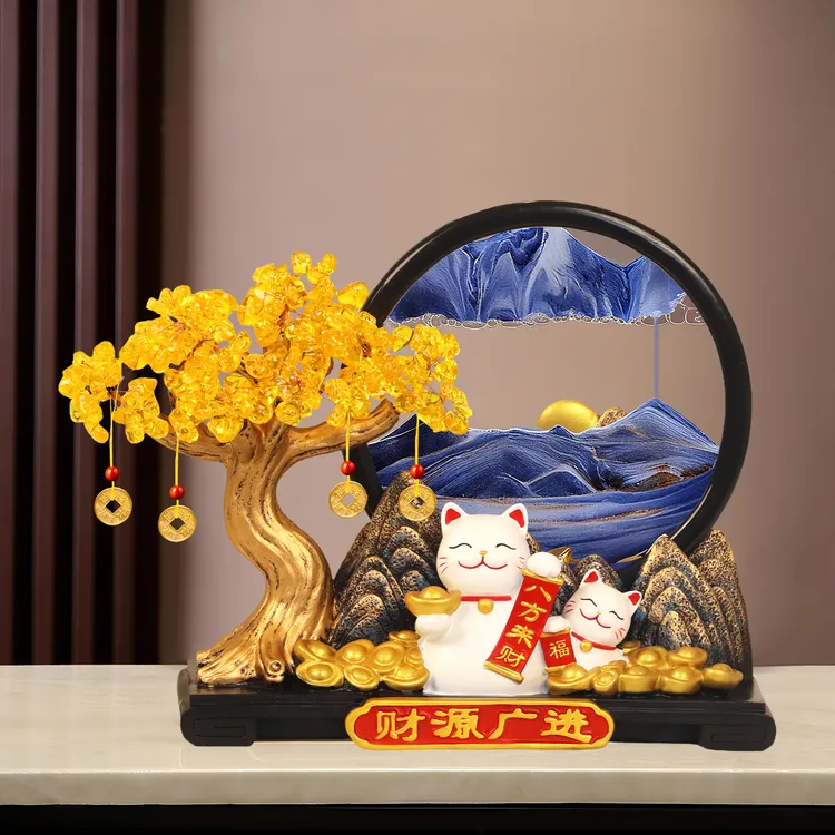 中式风格环保树脂材质半手工制作发财树摆件招财猫流沙画乔迁开业