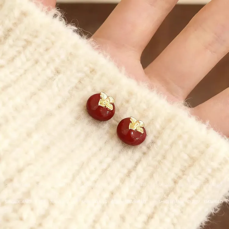 红色柿柿如意耳钉女秋冬轻奢巨好看的耳环2026新款爆款高级感耳饰