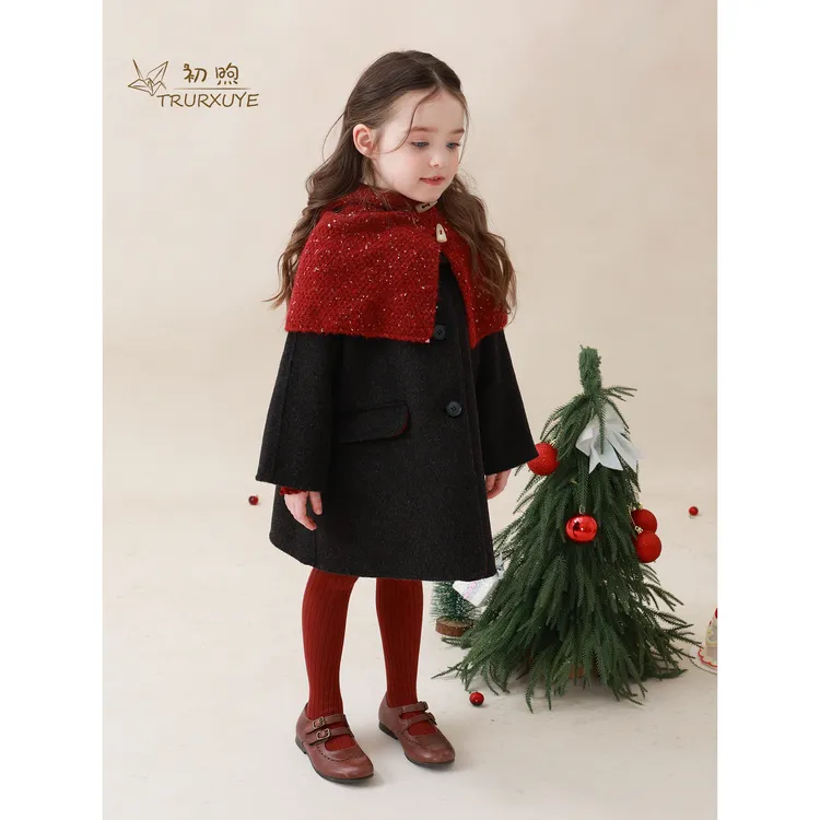 初煦 女童100%羊毛手工双面呢大衣25冬季新款高端气质中长款外套