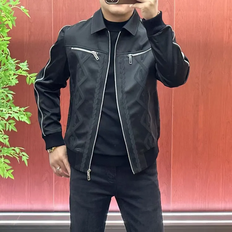 88183欧货•醋酸桑蚕丝混纺立体浮雕拼接拉链款方领夹克外套•绅士