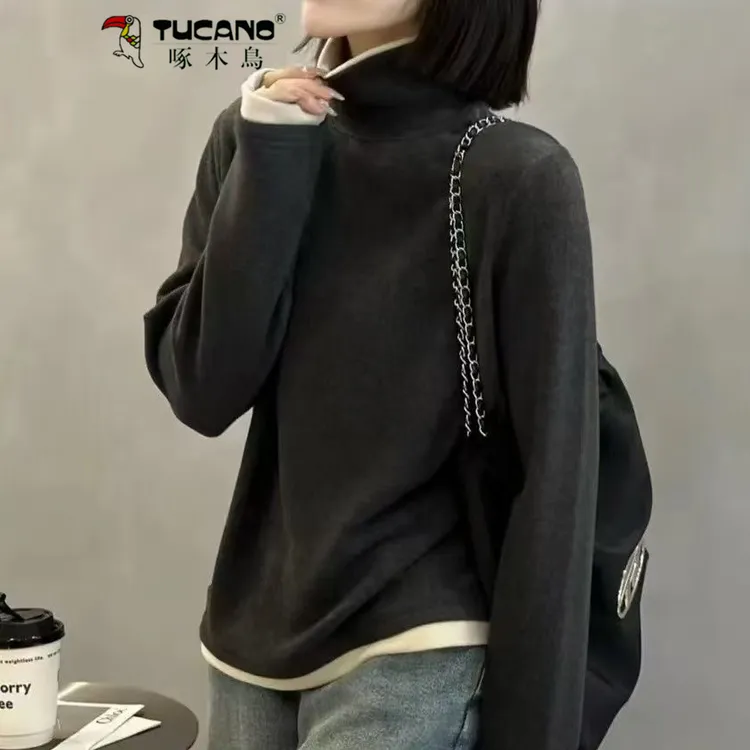 啄木鳥假两件德绒港风气质百搭打底衫秋冬新款百搭保暖长袖纯色女