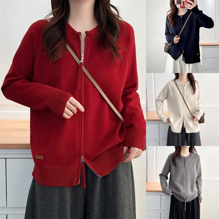 大码胖mm秋冬韩版宽松长袖针织衫双拉链开衫外套百搭毛衣上衣5047