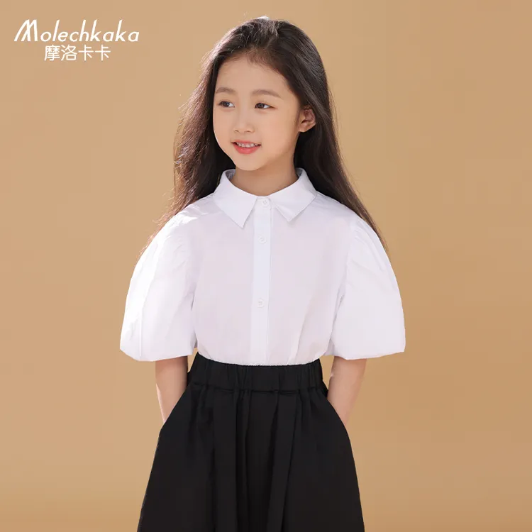 女童短袖白色衬衫夏2025新款儿童泡泡袖衬衣学院风上衣中大童校服