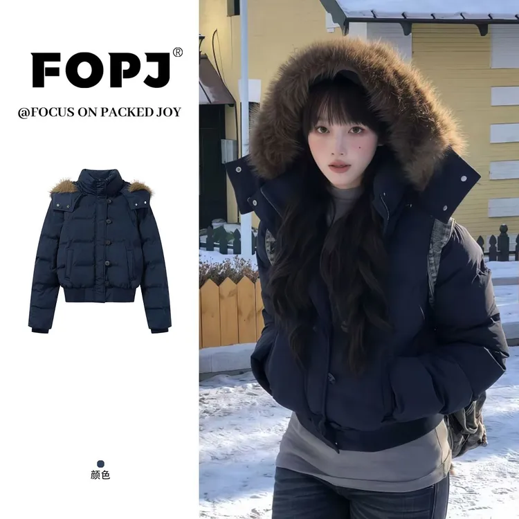 FOPJ韩版复古座山雕毛领短款连帽棉服外套女秋冬新款加绒保暖上衣