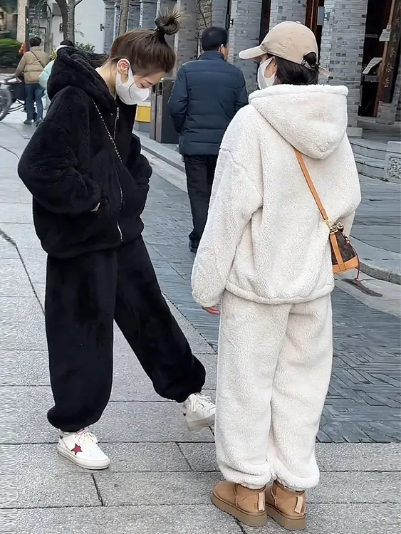 韩系毛绒绒家居服套装女冬季加厚长袖外套高腰阔腿长裤休闲两件套