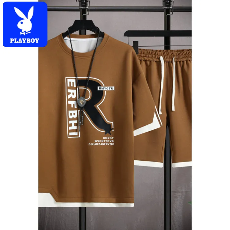 花花公子PLAYBOY男士套装宽松大码休闲印花高能感短袖套装新款潮