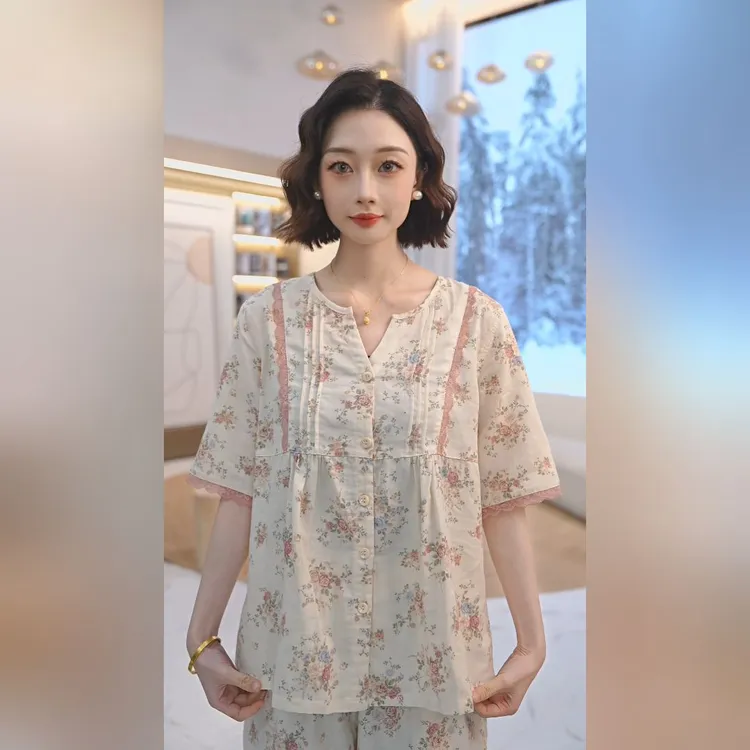 秋鹿【夏秋新品】温柔印花V领女大睡衣女款夏季家居服2025新款爆款