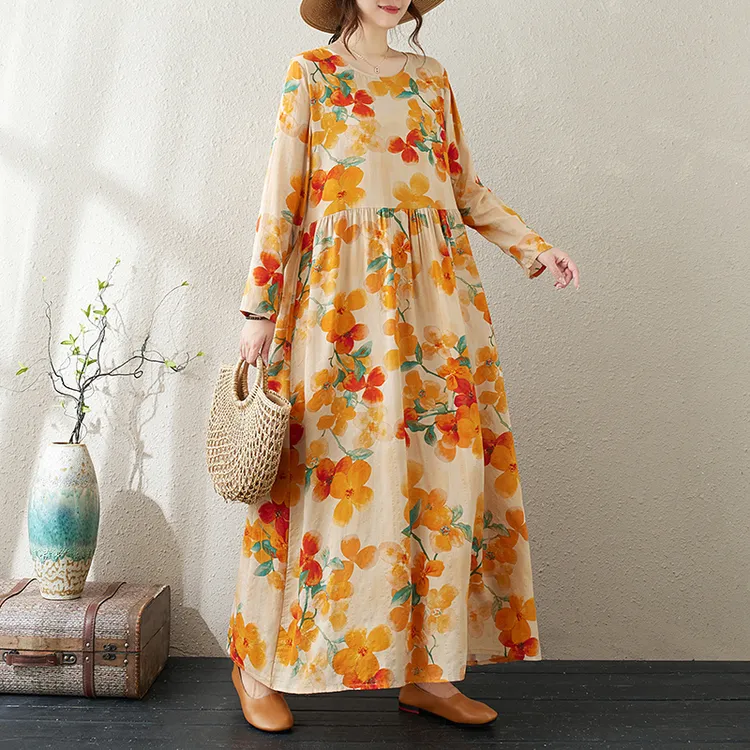 外贸出口~2025秋季款复古长裙遮肉棉麻花色度假风旅游圆领连衣裙