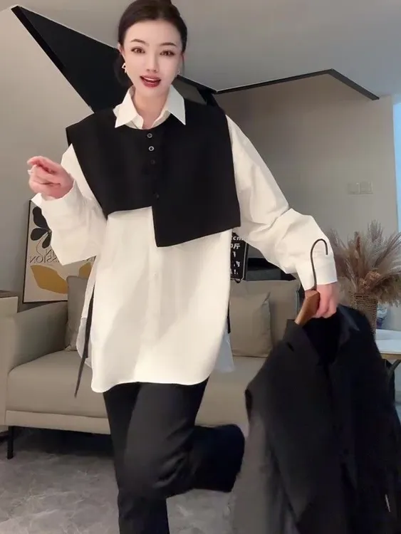 定制中长款西服短款马甲白衬衫两件套女减龄叠穿好看套装叠穿上衣