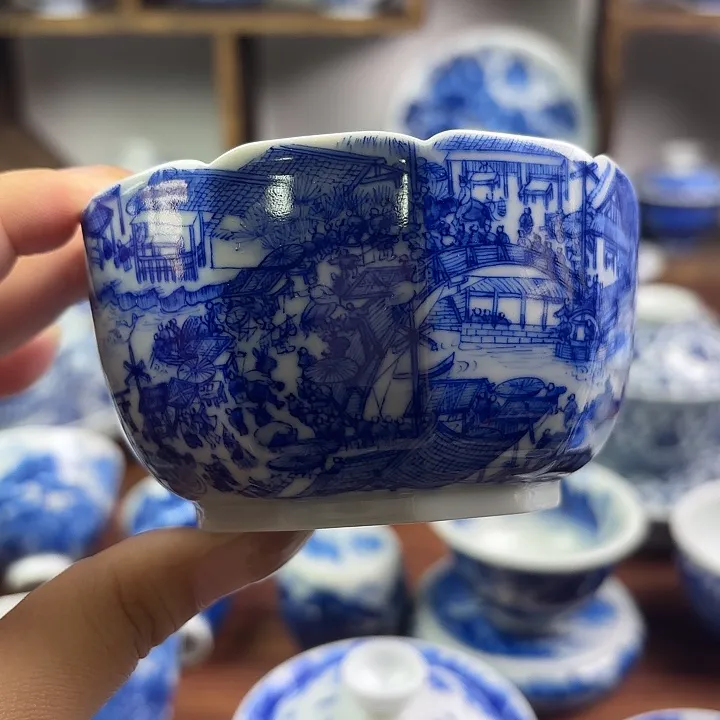 景德镇柴窑手绘青花清明上河图十方异型主人杯陶瓷缠枝白瓷茶杯
