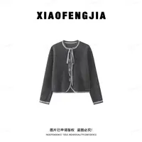 秋季新款减龄百搭圆领针织开衫女小清新领口系带外穿上衣外套1335