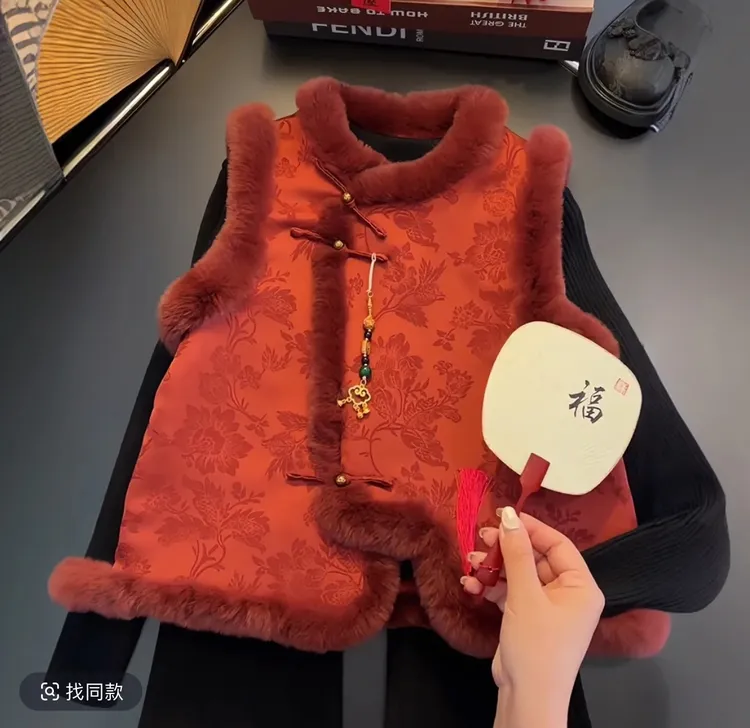 儿童新中式马甲女童夹棉背心裙秋冬加厚中国风连衣裙拜年服喜庆