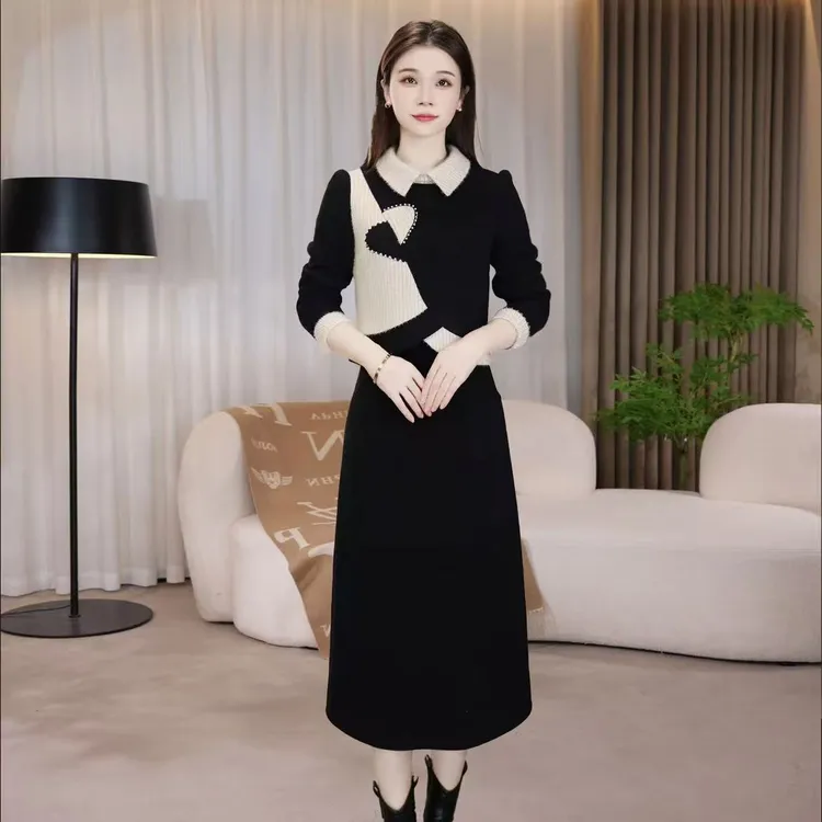 【连衣裙】雪花绒时尚秋冬气质长袖洋气拼接显瘦气质洋气连衣裙