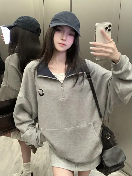 薄款/加绒 POLO领拉链卫衣女撞色刺绣百搭口袋春秋季新款长袖t恤