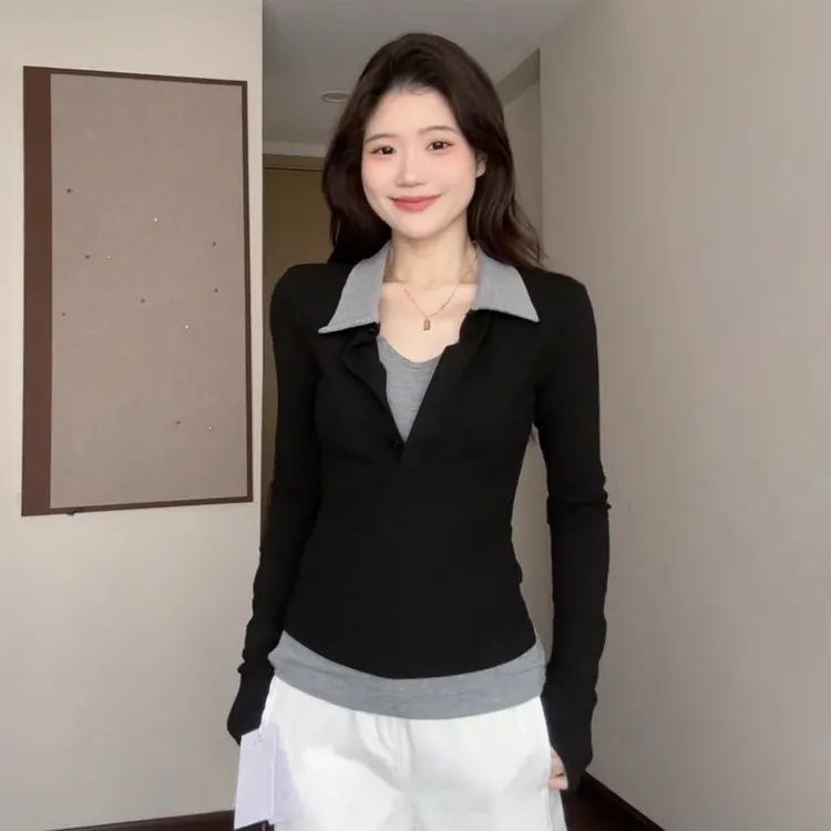 【9062】大码女装胖mm秋季撞色拼接假两件长袖T恤2025修身显瘦上衣