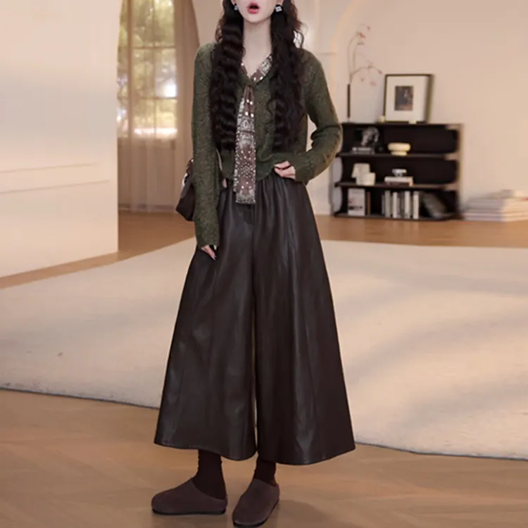 2025秋季新款纯色针织长袖上衣+高腰休闲裤两件套女时尚通勤衣服