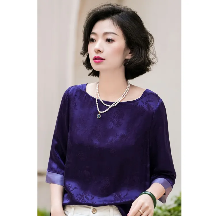 西子/【京华烟云】桑蚕丝提花方领休闲百搭中袖T恤/SYZY143