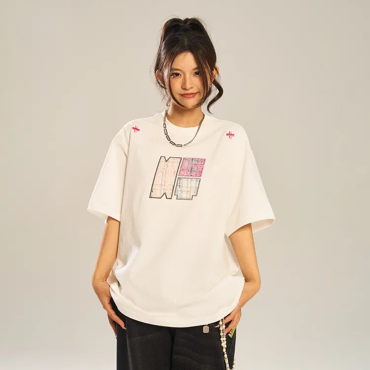 NSTNEWSTART发芽计划贴布刺绣白粉复古夏季宽松休闲百搭情侣短袖